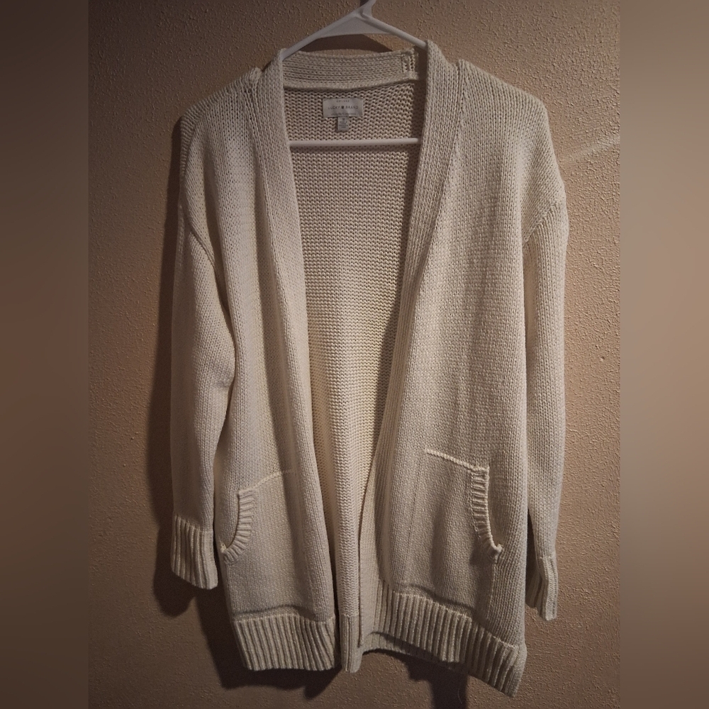 Lucky Brand Classic Cream Knit Open Cardigan Sweater With Pockets M